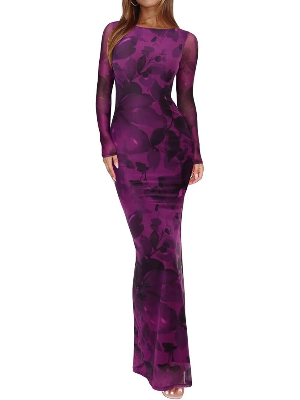 Women's Purple Nebula Blossom Spring Mesh Sheer Long Sleeve Floral Bodycon Dress